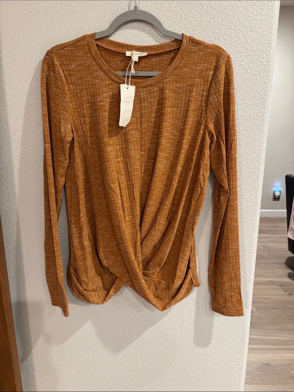 Mystree Long-Sleeve Twist Front Top — Camel